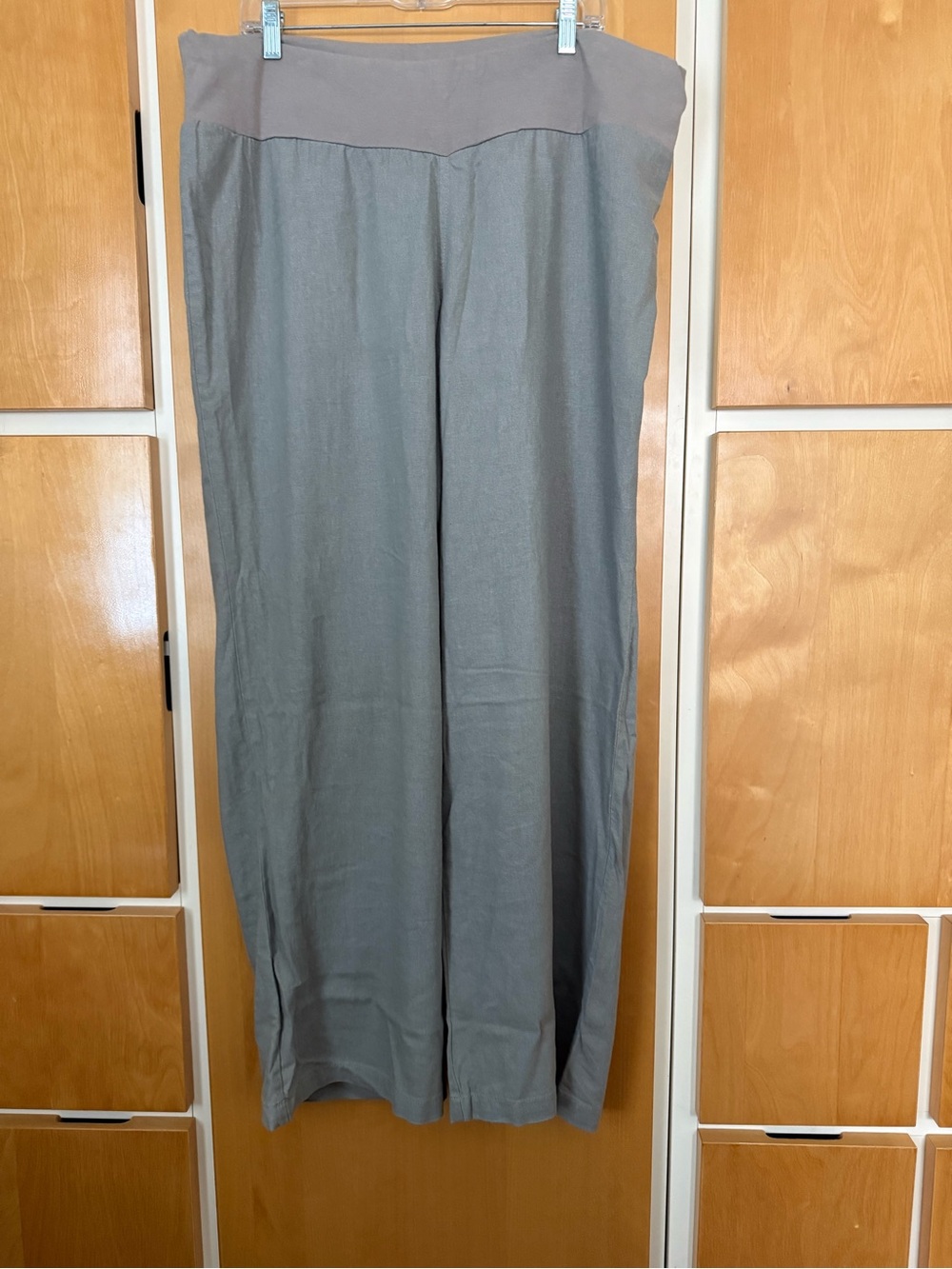 XL Maternity Linen Blend Wide Leg Pants Gray Stretch Belly Band